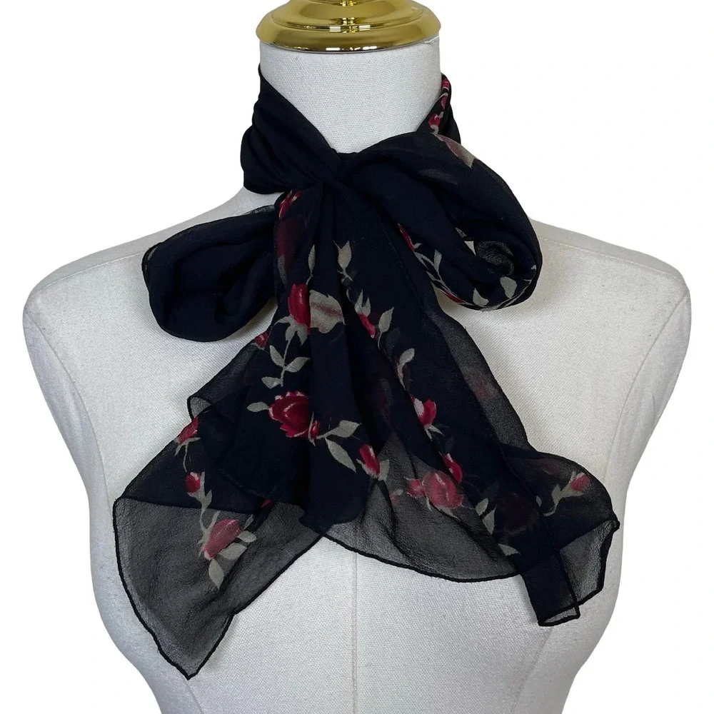 Vintage Floral Rose Silk Chiffon Scarf Black Red‎ Sheer 90s Goth Dark Romantic